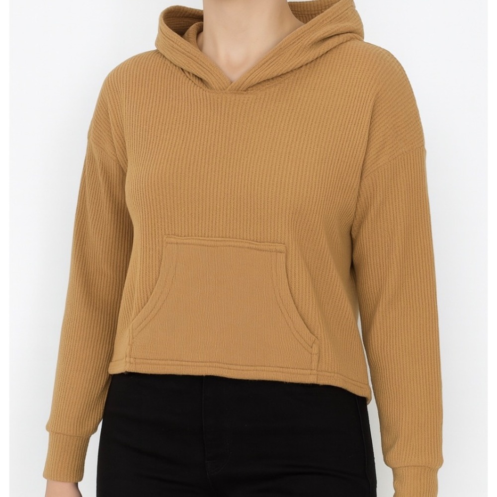 Offline By Aerie Waffle Knit Hoodie Women S Tan Long Sleeve Crop Pullover Lounge